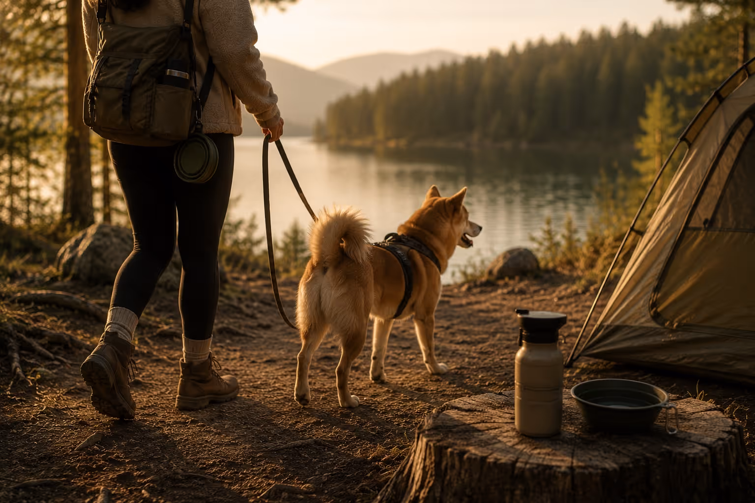 Person and dog arriving at a warm lakeside camp setup